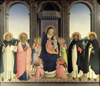 Jungfrau und Kind auf dem Thron mit Engeln und St. Thomas von Aquin, St. Barnabas, St. Dominikus und St. Peter Martyr, ca. 1422 von Fra Angelico